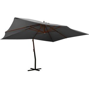 <p>Deze praktische zweefparasol is perfect om wat schaduw te creëren en is een musthave om buiten te genieten.</p>
<p>Hoogwaardig materiaal: het parasoldoek is gemaakt van uv-beschermend en waterbestendig polyester, waardoor het optimale bescherming biedt tegen de zon en vocht.</p>
<p>Stabiel frame: de tuinparasol is voorzien van een stevige kruisvoet voor extra stabiliteit. De sterke, massief hardhouten paal in combinatie met de 8 duurzame baleinen maakt deze parasol zeer stabiel en duurzaam.</p>
<p>Handige bediening: deze zweefparasol is uitgerust met een slingermechanisme om hem te openen en te sluiten. Met een handbediend liftsysteem kan je de parasol verstellen en de zon onder alle hoeken eenvoudig blokkeren, zodat je koel en comfortabel blijft.</p>
<ul>
  <li>Kleur: antraciet</li>
  <li>Materiaal frame: massief hardhout en gelamineerd bamboe</li>
  <li>Materiaal hoes: stof (100% polyester)</li>
  <li>Materiaal kruisvoet: ijzer</li>
  <li>Afmetingen: 400 x 300 cm (L x B)</li>
  <li>Totale hoogte: 283 cm</li>
  <li>Dikte paal: 55 mm</li>
  <li>Afmetingen kruisvoet: 100 x 100 cm (L x B)</li>
  <li>Montage vereist</li>
</ul>