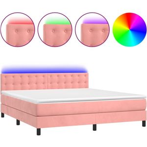 vidaXL Boxspring met matras en LED fluweel roze 180x200 cm