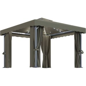 vidaXL Prieel met gordijn en LED-lichtslinger 3x3 m taupe