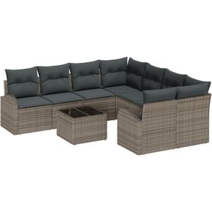 vidaXL 9-delige ligbed set met kussens in grijs poly rattan