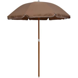 <p>Deze elegante parasol beschermt je tegen schadelijke uv-stralen en biedt perfecte schaduw. Hij is gemaakt van uv-beschermend en anti-vervagend polyester, waardoor hij lang meegaat. De parasolhoes zorgt voor optimale bescherming tegen de zon en is gemakkelijk schoon te maken.</p>
<p>De sterke stalen paal met houtkleurige coating en 8 baleinen maken de parasol stabiel en duurzaam. Je kunt erop vertrouwen dat hij stevig blijft staan, zelfs op winderige dagen. Let wel op, bij zware regenval adviseren wij om het parasoldoek te behandelen met een waterdichtmakende spray.</p>
<p>Deze parasol heeft een mooie taupe kleur en is gemaakt van stof (100% polyester) en staal. De totale afmetingen zijn 155 x 190 cm (ø x H) en de booglengte is 180 cm. De diameter van de paal is 28 / 32 mm. Daarnaast is de parasol uv-beschermend en waterbestendig, waardoor hij perfect is voor gebruik buitenshuis.</p>
<ul>
  <li>Elegante parasol met uv-bescherming</li>
  <li>Gemaakt van duurzaam polyester en staal</li>
  <li>Optimale bescherming tegen de zon</li>
  <li>Gemakkelijk schoon te maken</li>
  <li>Stabiele en duurzame constructie</li>
  <li>Afmetingen: 155 x 190 cm (ø x H)</li>
  <li>Booglengte: 180 cm</li>
  <li>Diameter paal: 28 / 32 mm</li>
  <li>Uv-beschermend en waterbestendig</li>
</ul>