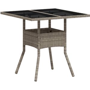 vidaXL Tuintafel met glazen blad 80x80x75 cm poly rattan lichtgrijs