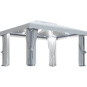 VidaXL Prieel met Gordijn en LED-lichtslinger 4x3 m Crèmewit