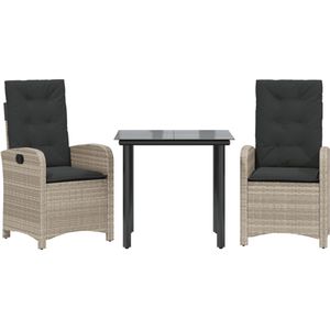 vidaXL 3-delige Tuinset met kussens poly rattan lichtgrijs