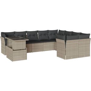 vidaXL 10-delige Loungeset met kussens poly rattan lichtgrijs