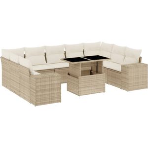 vidaXL 10-delige Loungeset met kussens poly rattan beige