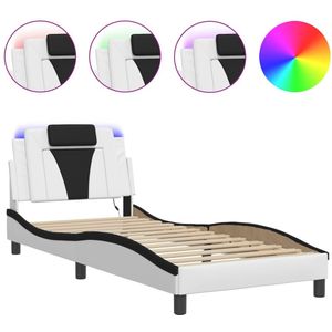 vidaXL Bedframe met LED-verlichting kunstleer wit en zwart 90x200 cm