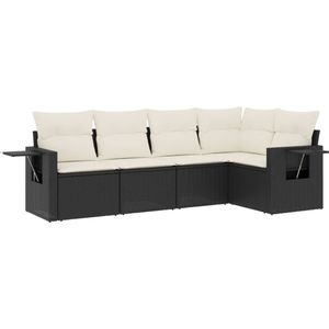 vidaXL 5-delige Loungeset met kussens poly rattan zwart