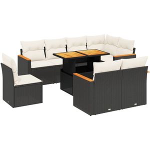 vidaXL 9-delige Loungeset met kussens poly rattan zwart