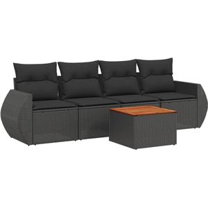 vidaXL 5-delige Loungeset met kussens poly rattan zwart