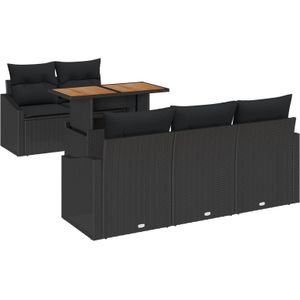 vidaXL 6-delige Tuin Eettafelset met Kussens - Zwart Poly Rattan en Acacia