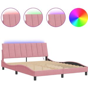 vidaXL Bedframe met LED-verlichting fluweel roze 160x200 cm