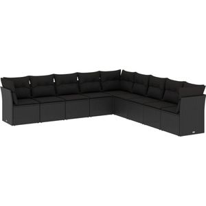 vidaXL 9-delige Loungeset met kussens poly rattan zwart