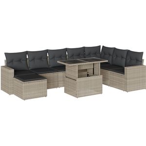 vidaXL 9-delige Loungeset met kussens poly rattan lichtgrijs