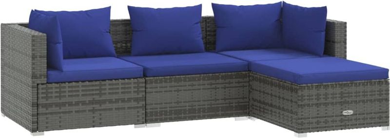 vidaXL 4-delige Loungeset met kussens poly rattan grijs