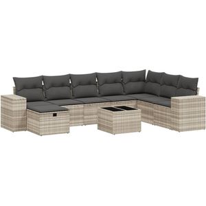 vidaXL 9-delige Loungeset met kussens poly rattan lichtgrijs