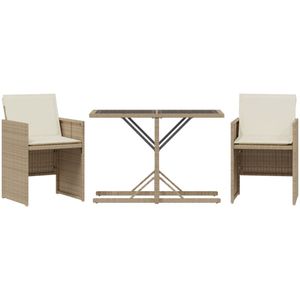 vidaXL 3-delige Bistroset met kussens poly rattan beige