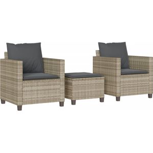 vidaXL 3-delige Bistroset met kussens poly rattan lichtgrijs