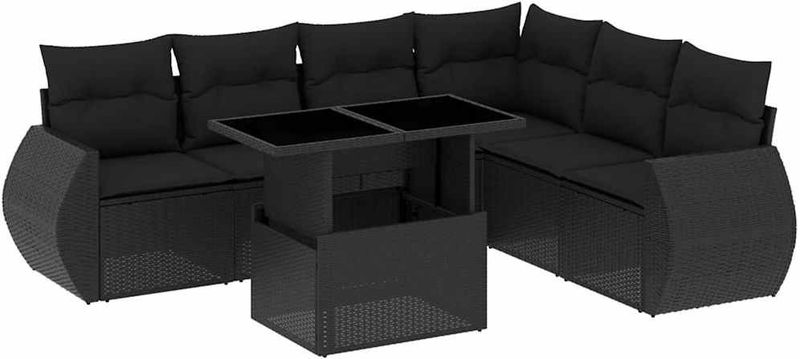 vidaXL 7-delige Loungeset met kussens poly rattan zwart