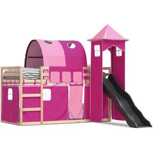 vidaXL Stapelbed met glijbaan en gordijnen roze 90x190 cm