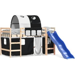 vidaXL Kinderhoogslaper met tunnel 90x190 cm grenenhout wit en zwart