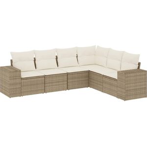 vidaXL 6-delige Loungeset met kussens poly rattan beige