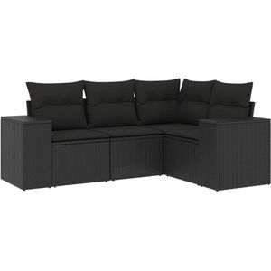 vidaXL 4-delige Loungeset met kussens poly rattan zwart