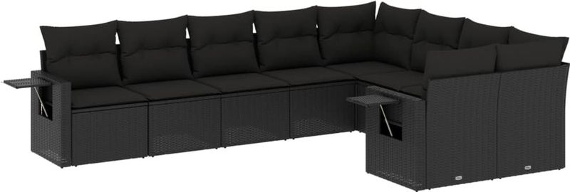 vidaXL - 9-delige - Loungeset - met - kussens - poly - rattan - zwart