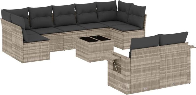 vidaXL 10-delige Loungeset met kussens poly rattan lichtgrijs