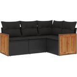 vidaXL 4-delige Loungeset met kussens poly rattan zwart