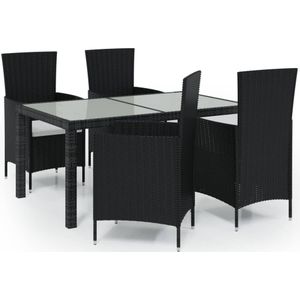 vidaXL 5-delige Tuinset met kussens poly rattan zwart