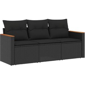 vidaXL 3-delige Loungeset met kussens poly rattan zwart