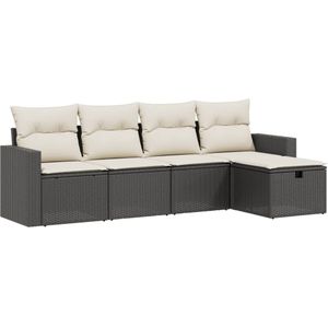 vidaXL 5-delige Loungeset met kussens poly rattan zwart