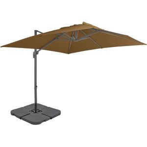 <p>Deze parasol is de perfecte keuze voor iedereen die op zoek is naar bescherming tegen de zon. Met zijn stevige aluminium frame en groot uv-bestendig doek biedt hij optimale bescherming. De parasol kan eenvoudig geopend en gesloten worden door aan de knop op de paal te draaien.</p>
<p>Het aluminium frame en de 8 stevige aluminium baleinen zorgen ervoor dat de parasol erg duurzaam is. Daarnaast heeft deze parasol een exclusief ontwerp waarmee je hem kunt kantelen en 360 graden kunt draaien om het zonlicht te blokkeren.</p>
<p>De parasol wordt geleverd met een grote, afneembare stalen kruisvoet die zorgt voor extra stabiliteit zonder al te veel ruimte in beslag te nemen. De voet bestaat uit 4 afzonderlijke delen en kan gevuld worden met 60 liter water of 80 kg zand. Hierdoor is hij ideaal om de parasols met een kruisbasis te verstevigen.</p>
<p>De voet is lichtgewicht en gemakkelijk te verplaatsen wanneer hij leeg is. De parasol wordt geleverd in de kleur taupe en heeft een afmeting van 3 x 3 x 2,58 m (L x B x H). Het frame is gemaakt van aluminium en staal en de parasol bevat een handzwengel.</p>
<p>De extra parasolvoet is zwart van kleur en gemaakt van kunststof. Elk onderdeel heeft een afmeting van 50 x 50 x 7,5 cm (L x B x H) en kan gevuld worden met water of zand. De capaciteit van ieder deel is 15 L en de voet bestaat uit vier onderdelen. Deze voet is geschikt voor alle kruis parasolvoeten.</p>