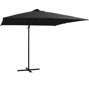 <p>Deze elegante, hangende parasol met LED-verlichting is de perfecte keuze om wat schaduw te creëren en jezelf te beschermen tegen de schadelijke uv-straling van de zon.</p>
<p>Het parasoldoek is gemaakt van uv-beschermend en anti-vervagend polyester, waardoor het je optimale bescherming tegen de zon biedt en gemakkelijk schoon te maken is.</p>
<p>Het beschikt over 24 solar aangedreven LED's die automatisch je buitenruimte verlichten en een gezellige en romantische sfeer creëren als de zon ondergaat.</p>
<p>De parasol wordt geleverd met een stevige kruisvoet die voor stabiliteit zorgt.</p>
<p>Het exclusieve ontwerp van deze parasol stelt je in staat om de parasol te kantelen en 360 graden te draaien.</p>
<p>De sterke stalen paal, samen met de 8 duurzame baleinen, maakt de parasol zeer stabiel en duurzaam.</p>
<p>Onze tuinparasol kan eenvoudig geopend en gesloten worden dankzij het zwengelmechanisme.</p>
<p>Het product is eenvoudig te monteren.</p>
<p>Let op, wij adviseren om het doek te behandelen met een waterdichtmakende spray als hij wordt blootgesteld aan zware regenval.</p>
<ul>
  <li>Kleur doek: zwart</li>
  <li>Materiaal: stof (100% polyester) en gepoedercoat staal</li>
  <li>Totale afmetingen: 250 x 250 x 247 cm (L x B x H)</li>
  <li>Afmetingen kruisvoet: 100 x 100 cm (L x B)</li>
  <li>Inclusief 24 LED-lampjes en 1 zonnepaneel</li>
  <li>Met luchtventilatie en zwengelsysteem</li>
  <li>Kantelbaar en 360 graden draaibaar</li>
  <li>Inclusief 8 stalen baleinen</li>
  <li>Montage vereist</li>
</ul>