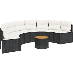 vidaXL Tuinbank met tafel en kussens halfrond poly rattan zwart