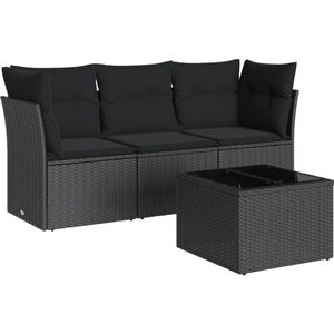 vidaXL 4-delige Loungeset met kussens poly rattan zwart