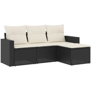 vidaXL 4-delige Loungeset met kussens poly rattan zwart