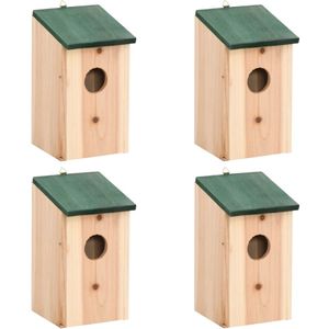 <p>Dit mooie houten vogelhuisje is gemaakt van duurzaam grenenhout en is ontworpen voor een gelukkige gevederde familie! Het vogelhuisje fleurt je tuin op en biedt onderdak aan je gevederde vrienden.</p>
<p>Het vogelhuisje wordt geleverd met een groen dak en een houtkleurige behuizing. Het is zowel mooi als veilig voor de vogels.</p>
<p>Dankzij het metalen ophangonderdeel kan het vogelhuisje meteen in je tuin worden opgehangen.</p>
<p>De levering bevat 4 vogelhuisjes, dus je kunt meerdere vogels tegelijkertijd een thuis bieden.</p>
<ul>
  <li>Materiaal: massief grenenhout</li>
  <li>Totale afmetingen: 12 x 12 x 22 cm (B x D x H)</li>
  <li>Diameter ingang: 4 cm</li>
  <li>Levering bevat 4 stuks</li>
</ul>