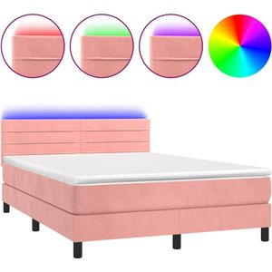 vidaXL Boxspring met matras en LED fluweel roze 140x200 cm