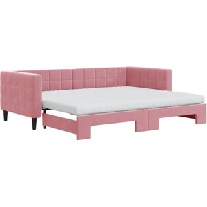 vidaXL Slaapbank onderschuifbed en matrassen 90x200 cm fluweel roze