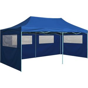 <p>Onze partytent is ideaal voor een breed scala aan buitenevenementen, zoals shows, markten, sportevenementen, bruiloften, feesten, barbecues, kampeertochten en festivals.</p>
<p>Het paviljoen heeft een uv- en waterbestendig dak dat gemaakt is van 600D Oxford stof met PVC-coating.</p>
<p>Het is daarom perfect voor buitengebruik.</p>
<p>De feesttent is ontworpen met 4 zijwanden met doorzichtige vensters voor volledige bescherming.</p>
<p>Het frame is vervaardigd van gepoedercoat roestvrij staal, waardoor de partytent stabiel en duurzaam is.</p>
<p>De pop-up partytent is inklapbaar voor eenvoudige opslag en transport.</p>
<p>Hij is gemakkelijk te monteren.</p>
<p>We adviseren om het dak te behandelen met een waterdichtmakende spray als de tent aan zware regen wordt blootgesteld.</p>
<p>Dit product mag NOOIT worden gebruikt in slechte weersomstandigheden, zoals sterke wind, zware regen, sneeuw of storm.</p>
<ul>
  <li>Kleur: blauw</li>
  <li>Materiaal frame: gepoedercoat staal</li>
  <li>Materiaal dak: 600D oxford stof met PVC-coating</li>
  <li>Totale afmetingen: 291 x 580 x 315 cm (L x B x H)</li>
  <li>Hoogte dakrand vanaf de grond: 2,35 m</li>
  <li>Uv- en waterbestendig</li>
  <li>4 zijwanden met transparante vensters</li>
  <li>Inclusief 12 haringen en 6 touwen</li>
  <li>Inklapbaar ontwerp</li>
</ul>