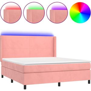 vidaXL Boxspring met matras en LED fluweel roze 160x200 cm