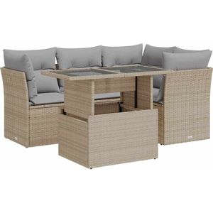 vidaXL 5-delige Loungeset met kussens poly rattan beige