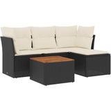 vidaXL 5-delige Loungeset met kussens poly rattan zwart