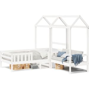 vidaXL Kinderbed met huisje en bankje massief grenenhout wit 100x200cm