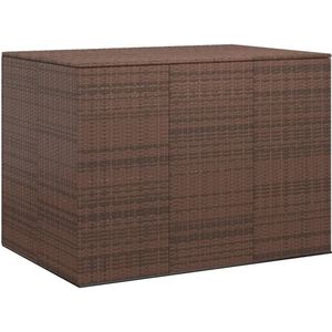 <p>Deze eenvoudige PE rattan kussenbox is ideaal voor het opbergen van kussens, dekens, handdoeken, huishoudelijke spullen en meer. De kussenbox heeft een stevig stalen frame en is gemaakt van weerbestendig PE rattan, waardoor hij zowel binnen als buiten gebruikt kan worden. De waterdichte PE binnenzak met hoes en rits beschermt je spullen tegen vocht. Het gasveermechanisme vergemakkelijkt het openen en sluiten van de box en beschermt tegen onbedoeld sluiten. Om de levensduur van je tuinmeubelen te verlengen, raden wij aan om ze regelmatig schoon te maken en binnen op te bergen. Reinig de box met een milde zeepoplossing en berg hem indien mogelijk op een koele, droge plaats binnenshuis op. Als je de box buiten opbergt, gebruik dan een waterdichte hoes en veeg na regen of sneeuwval overtollig water of sneeuw weg. Zorg voor voldoende luchtcirculatie om vochtschade te voorkomen.</p>
<ul>
  <li>Kleur: bruin</li>
  <li>Materiaal: PE-rattan en gepoedercoat staal</li>
  <li>Afmetingen: 145 x 100 x 103 cm (L x B x H)</li>
  <li>Met bruinkleurig, plat PE rattan</li>
  <li>Inclusief zwarte binnenzak met hoes en rits</li>
  <li>Met gasveermechanisme</li>
  <li>Montage vereist</li>
</ul>