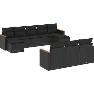 vidaXL 10-delige Loungeset met kussens poly rattan zwart