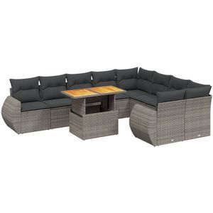 vidaXL 10-delige Loungeset met kussens poly rattan grijs