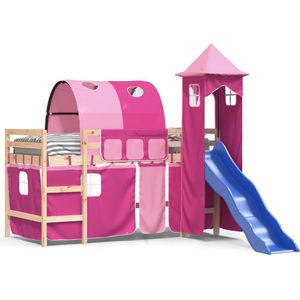 vidaXL Kinderhoogslaper met toren 90x200 cm massief grenenhout roze